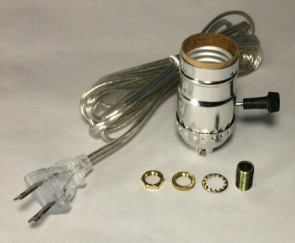 Vintage Table Lamp Rewiring Kit w/ Nickel Plated 3 - Way Socket, Clear Silver Cord - Stone Door Lamps