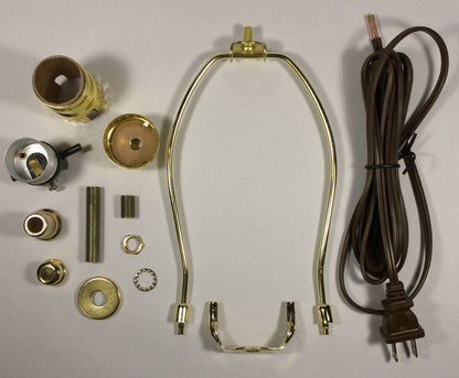 Table Lamp Wiring Kit 7" Brass Plated Harp, Push-Thru Socket, 8 ft. Brown Cord