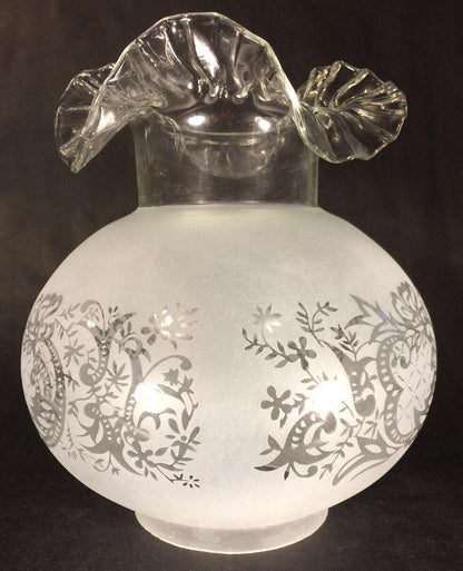 New 4" Fitter Etched Filigree Glass Gas Globe Lamp Shade w/ Crimped Top 8.5" Ht. - Stone Door Lamps