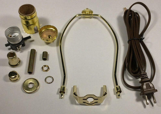 Table Lamp Wiring Kit 9" Brass Plated Harp, Push - Thru Socket, 8 ft. Brown Cord - Stone Door Lamps