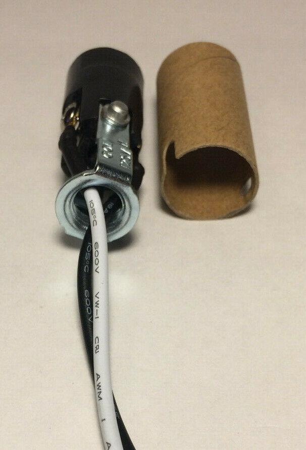 New 2" Phenolic E12 Keyless Candelabra Socket, 10" Wire Leads, 1/8 IP Hickey - Stone Door Lamps