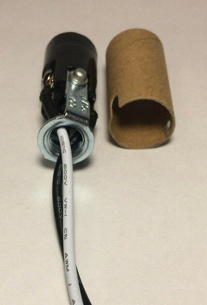 New 2" Phenolic E12 Keyless Candelabra Socket, 10" Wire Leads, 1/8 IP Hickey - Stone Door Lamps
