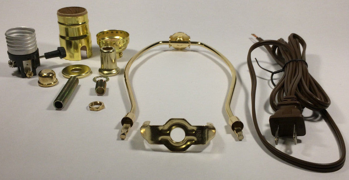 Table Lamp Wiring Kit With 7" Brass Plated Harp, 3 Way Socket, 8 ft. Brown Cord