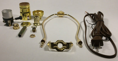 Table Lamp Wiring Kit With 7" Brass Plated Harp, 3 Way Socket, 8 ft. Brown Cord