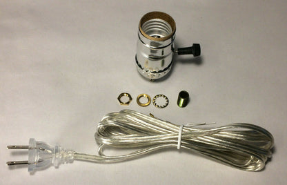 Vintage Table Lamp Rewiring Kit w/ Nickel Plated 3-Way Socket, Clear Silver Cord