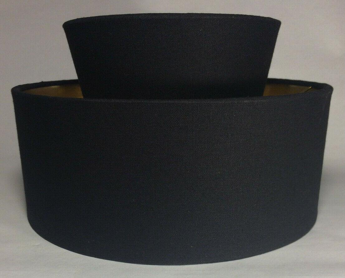 New Black Mid Century Two Tier Hardback Lamp Shade, Bulb Clip, Fine Linen HS690N - Stone Door Lamps