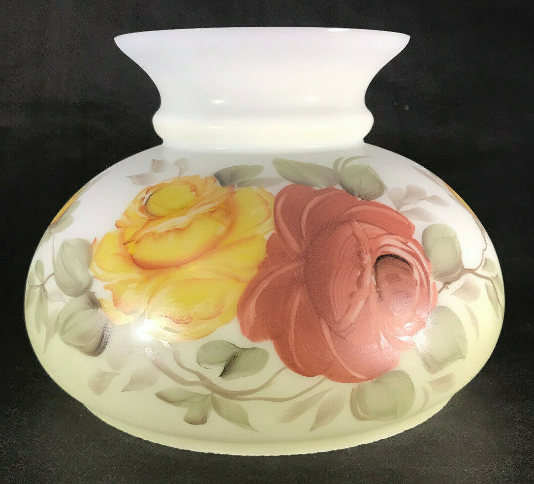 New 7" Opal Glass Student Lamp Shade, Hand Painted Victorian Roses Floral Scene