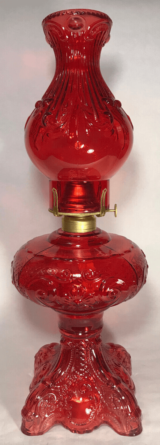 New Complete 9 1/2" Ruby Princess Feather Glass Oil Lamp w/ Ruby Chimney, Burner