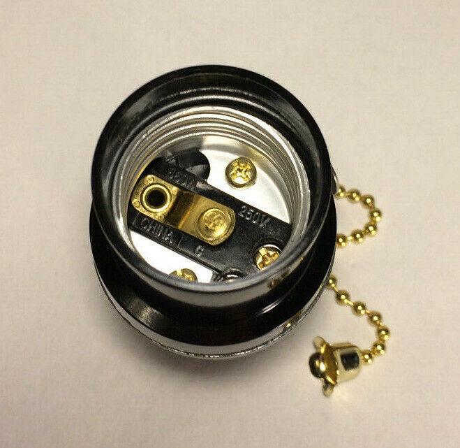 New Phenolic Bakelite Pull Chain Lamp Socket w/ Brass Chain, E26, #SO671 - Stone Door Lamps