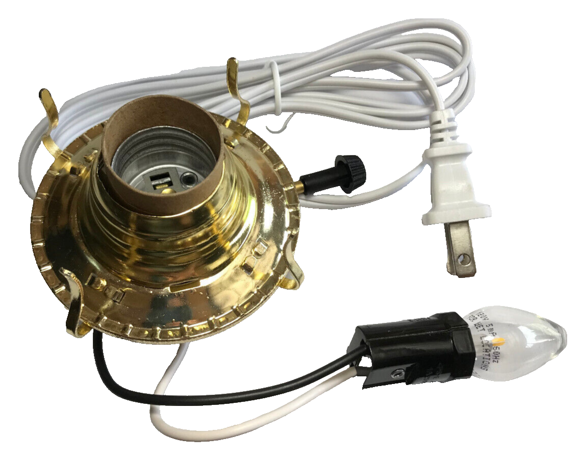 New Brass Plated #2, 3-Terminal Electric Lamp Burner, 6' White Cord Bottom Light