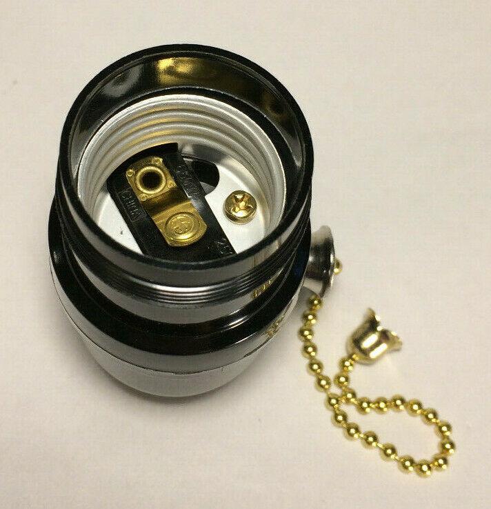 New Phenolic Bakelite Pull Chain Uno Lamp Socket w/ Brass Chain, E26, #SO676 - Stone Door Lamps