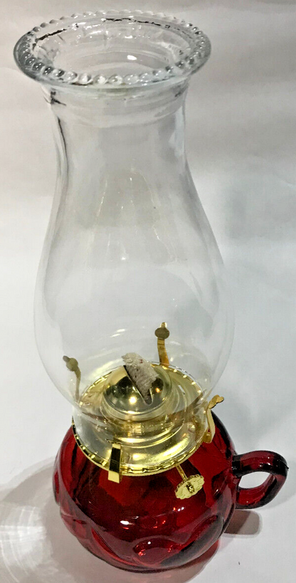 New Red Glass United Hearts Finger Oil Lamp w/ Brass Plated Burner & Chimney