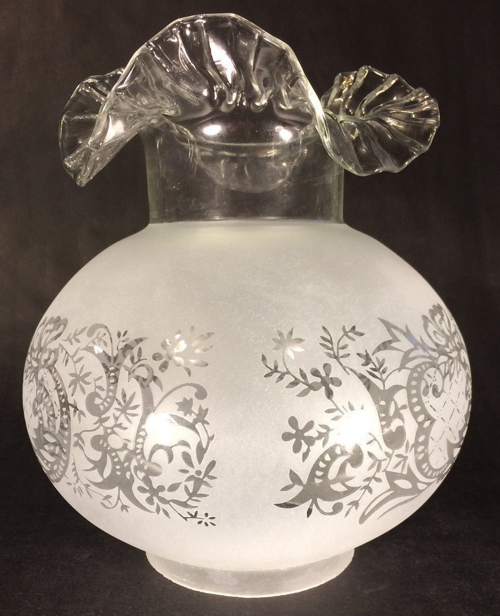 New 4" Fitter Etched Filigree Glass Gas Globe Lamp Shade w/ Crimped Top 8.5" Ht.