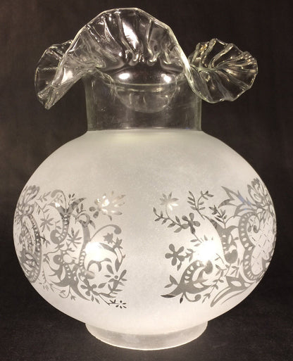 New 4" Fitter Etched Filigree Glass Gas Globe Lamp Shade w/ Crimped Top 8.5" Ht.