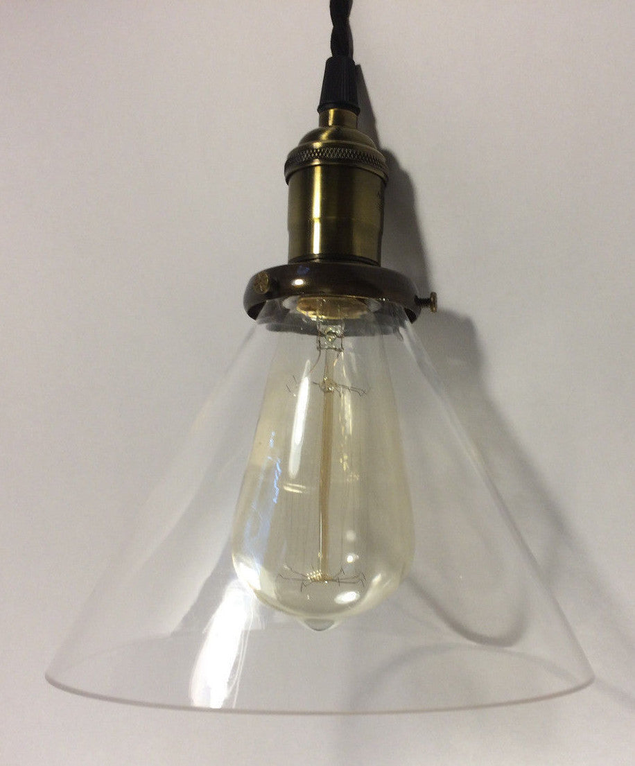 New Industrial Pendant w/ Antique Finish, Glass Cone Shade, Antique Style Bulb