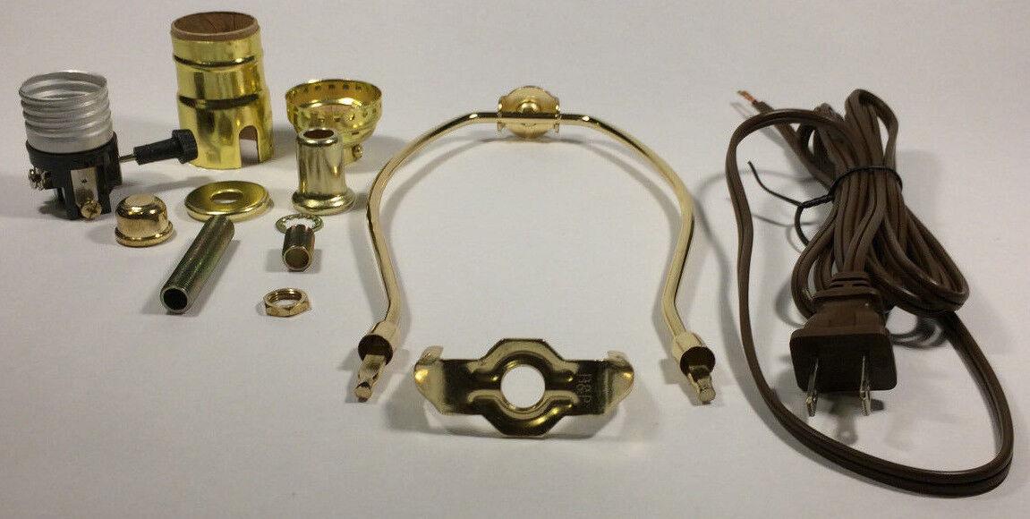 Table Lamp Wiring Kit With 8" Brass Plated Harp, 3 Way Socket, 8 ft. Brown Cord - Stone Door Lamps