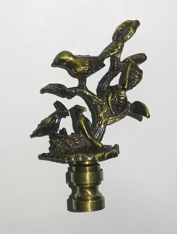 New 2 7/8" Cast Brass Birds On Branch Lamp Finial w/ Antique Finish, 1/4-27F Tap