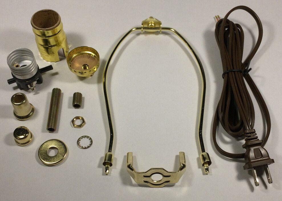Table Lamp Wiring Kit 8" Brass Plated Harp, Push - Thru Socket, 8 ft. Brown Cord - Stone Door Lamps