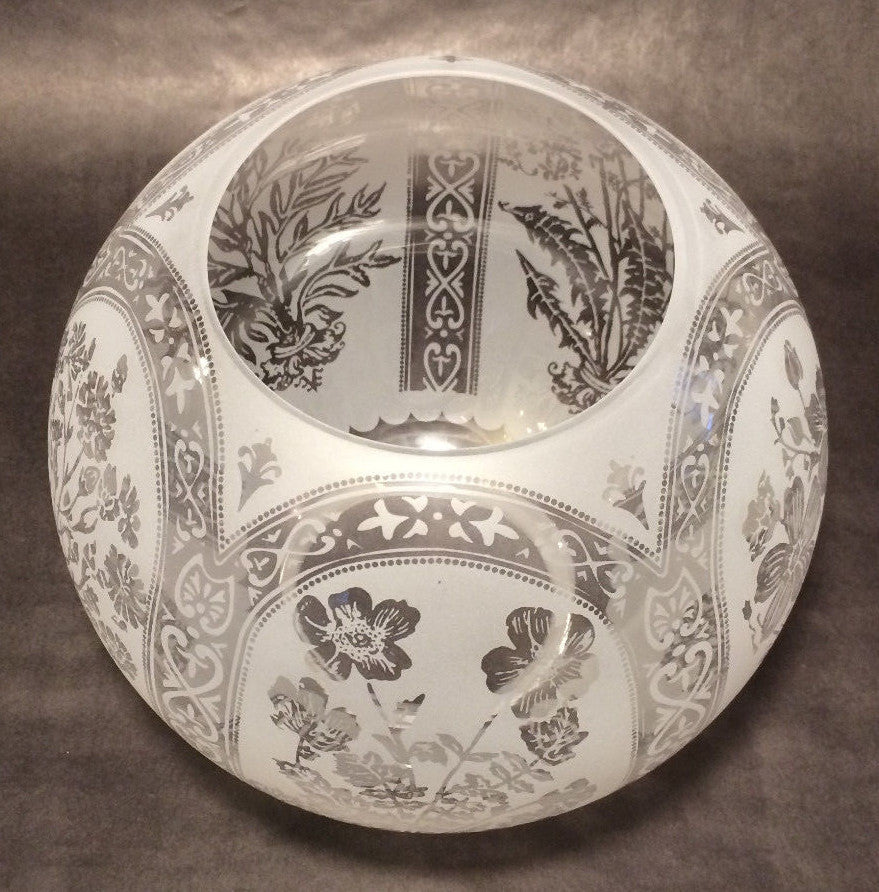 8" Five Scene Floral Etched Victorian Ball Gas Lamp Shade - 4" fitter #GS595
