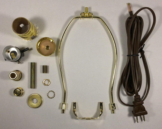 Table Lamp Wiring Kit 8" Brass Plated Harp, Push - Thru Socket, 8 ft. Brown Cord - Stone Door Lamps