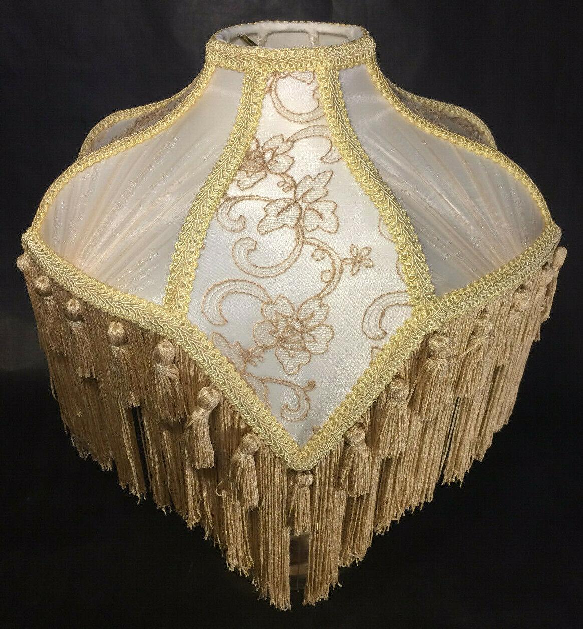 New Beige & Champagne Victorian Style Table Lamp Fabric Shade With Fringe SS798B - Stone Door Lamps