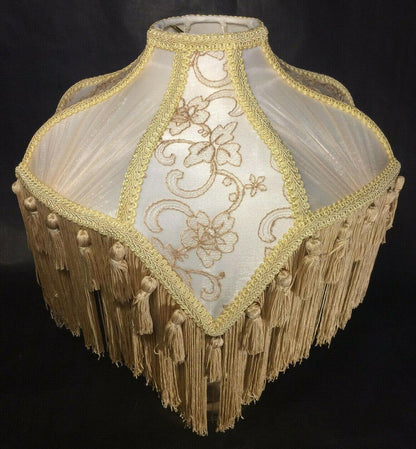 New Beige & Champagne Victorian Style Table Lamp Fabric Shade With Fringe SS798B - Stone Door Lamps