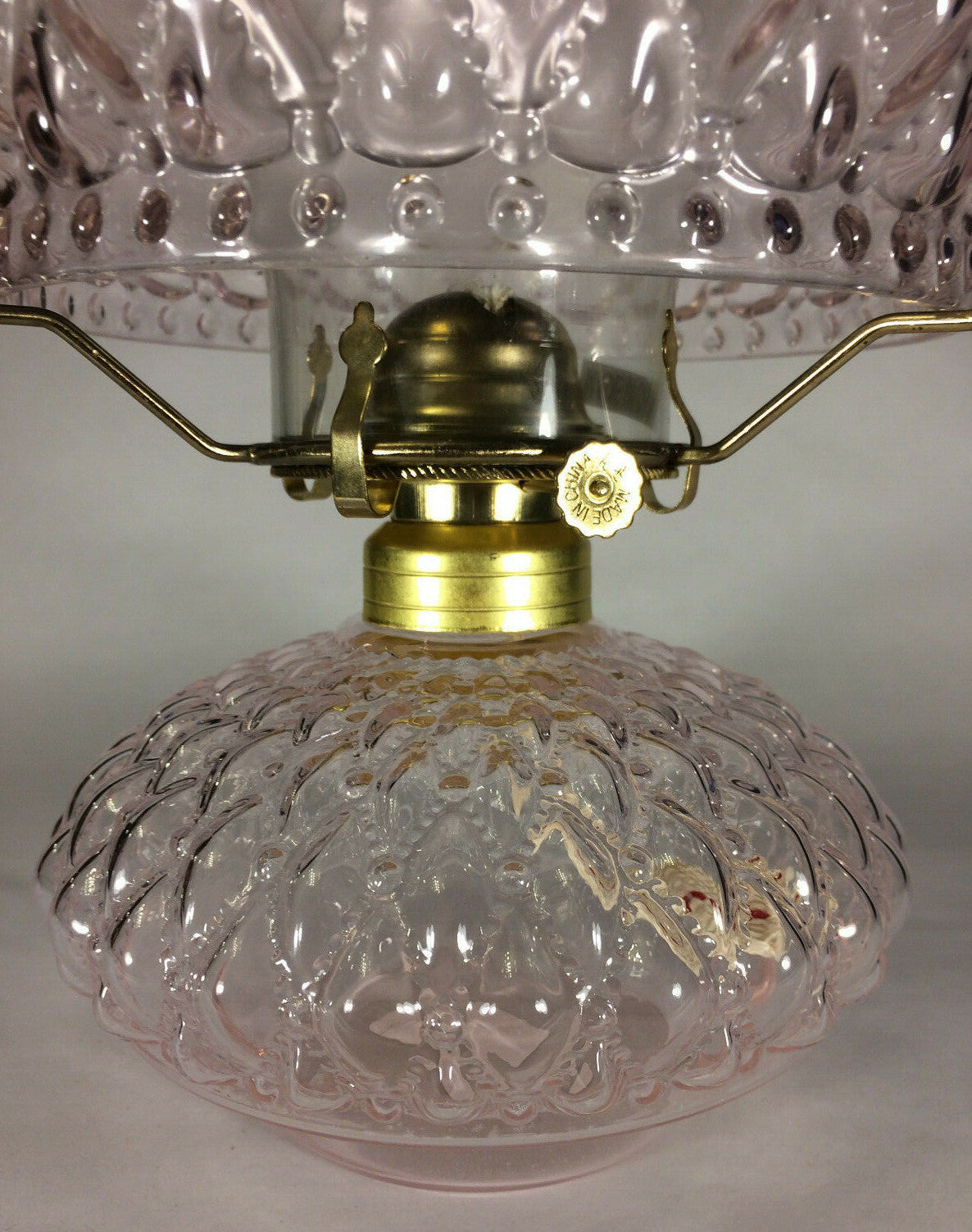 New Complete Oil Lamp w/ Shade Chimney Burner Pink Crystal Diamond Quilted Glass