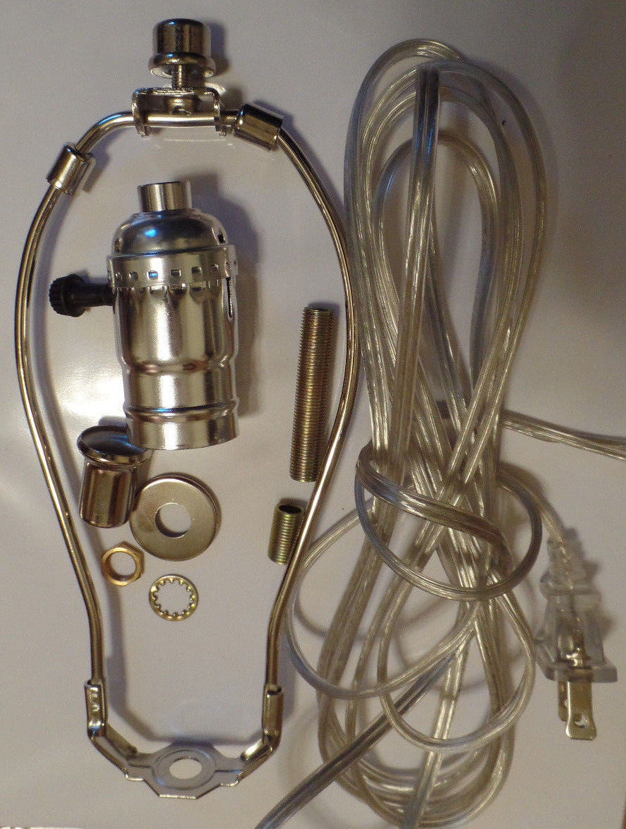 Table Lamp Wiring Kit  6" Nickel Plated Harp - 3 Way Socket - Clear Silver Cord
