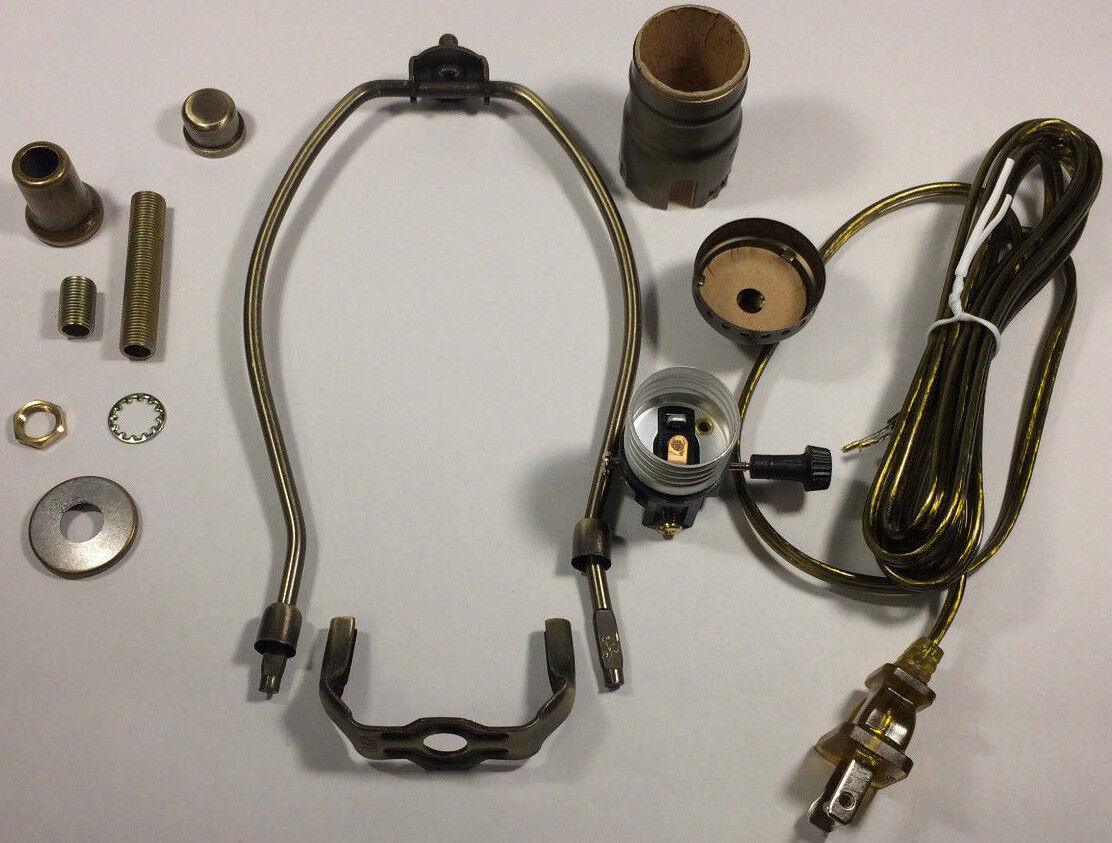 Table Lamp Wiring Kit W/ 7" Antique Finish Harp,3 Way Socket, Antique Brass Cord - Stone Door Lamps