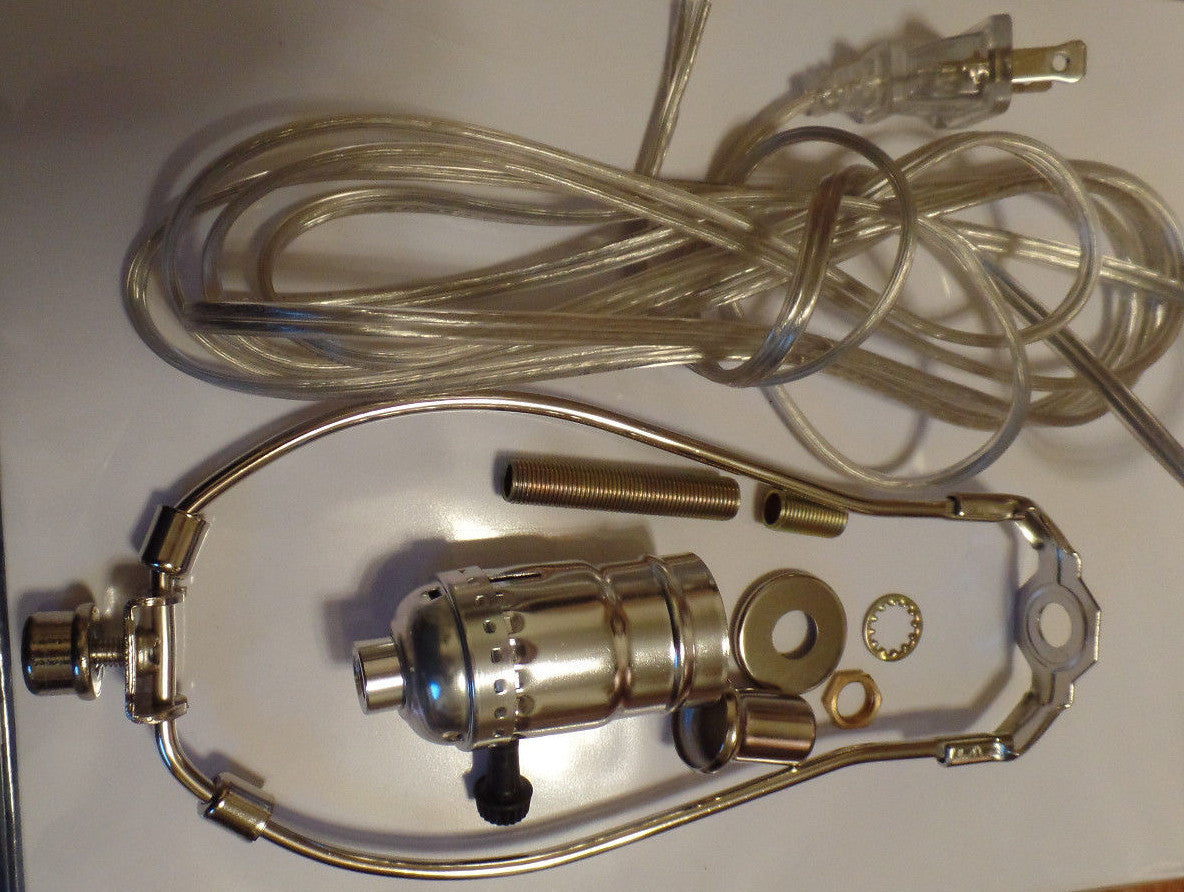 Table Lamp Wiring Kit  7" Nickel Plated Harp - 3 Way Socket - Clear Silver Cord