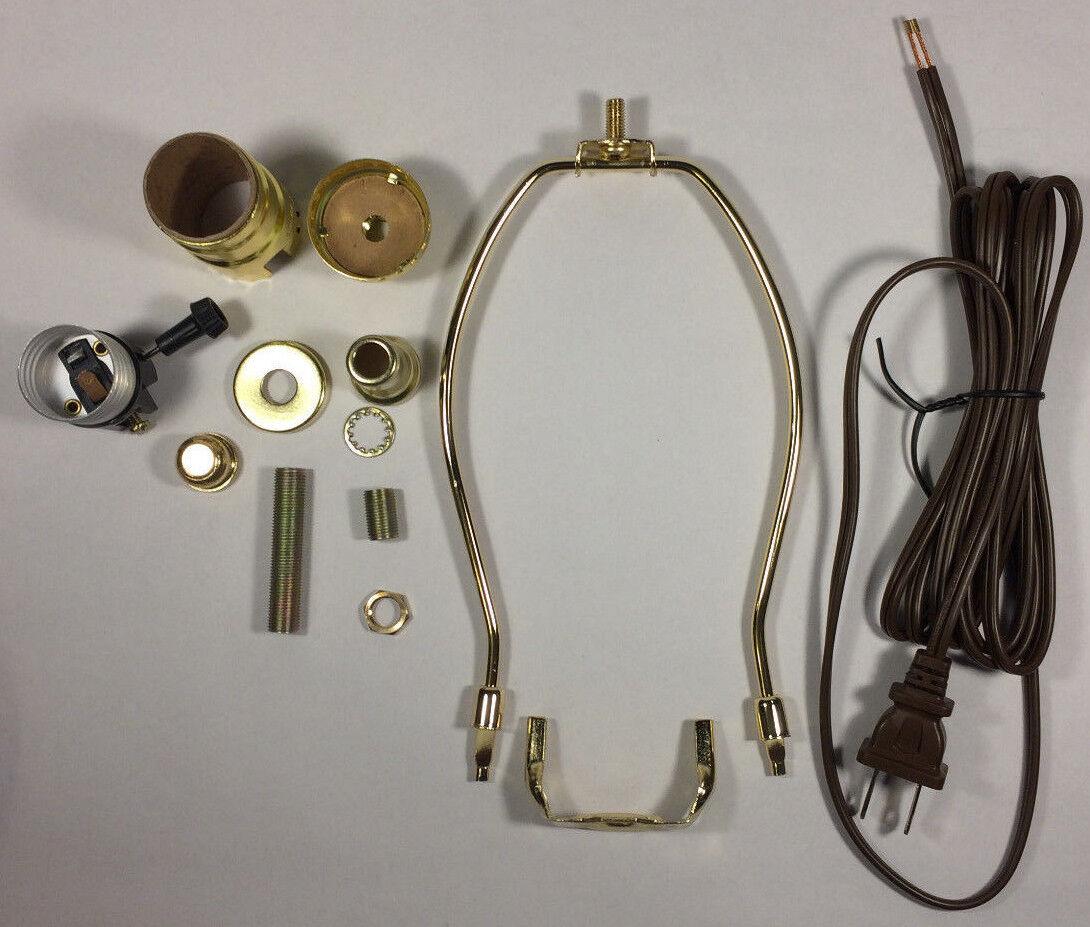 Table Lamp Wiring Kit With 7" Brass Plated Harp, 3 Way Socket, 8 ft. Brown Cord - Stone Door Lamps