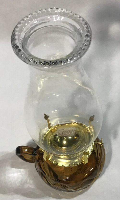 New Amber Glass United Hearts Finger Oil Lamp w/ Brass Plated Burner & Chimney