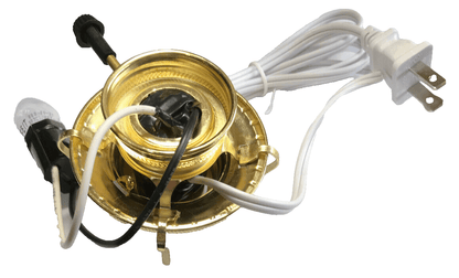 New Brass Plated #2, 3 - Terminal Electric Lamp Burner, 6' White Cord Bottom Light - Stone Door Lamps