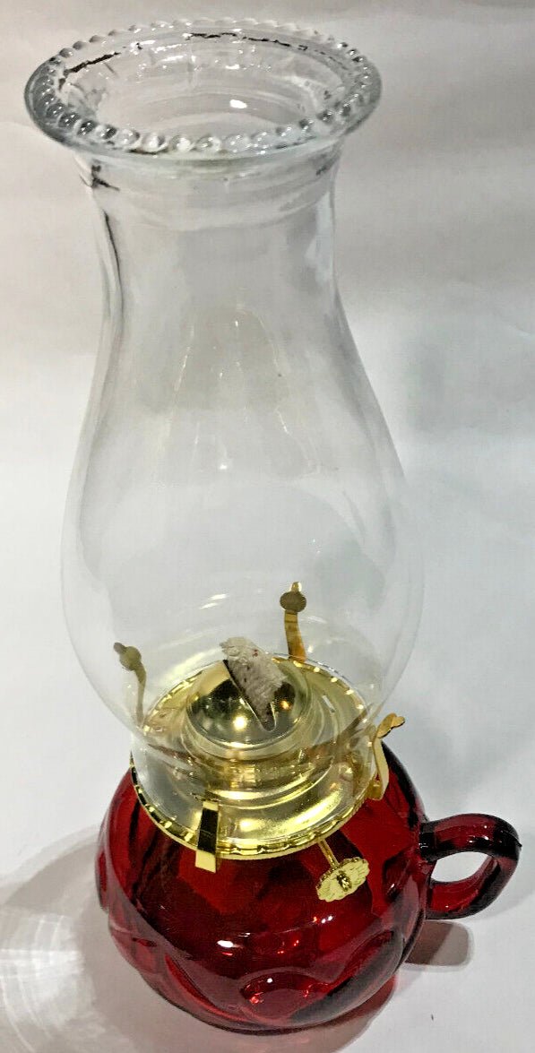 New Red Glass United Hearts Finger Oil Lamp w/ Brass Plated Burner & Chimney - Stone Door Lamps
