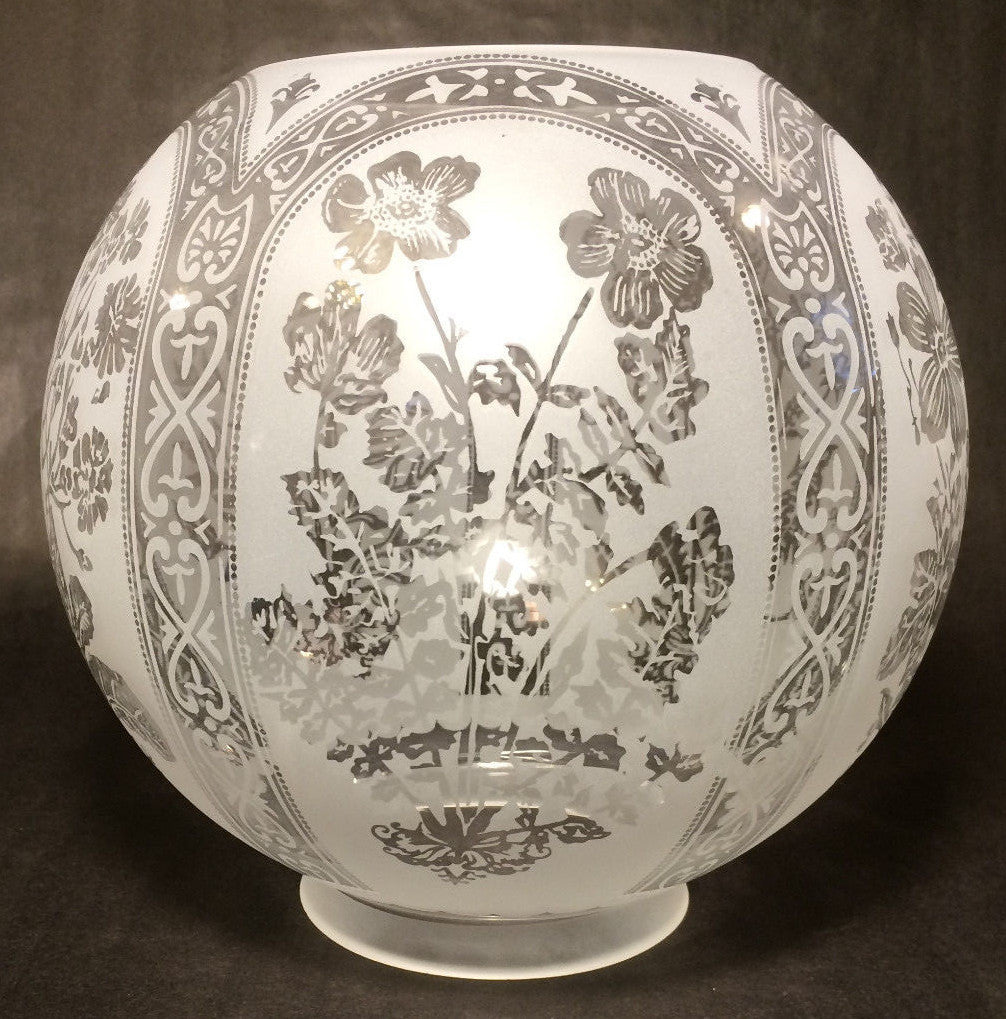 8" Five Scene Floral Etched Victorian Ball Gas Lamp Shade - 4" fitter #GS595