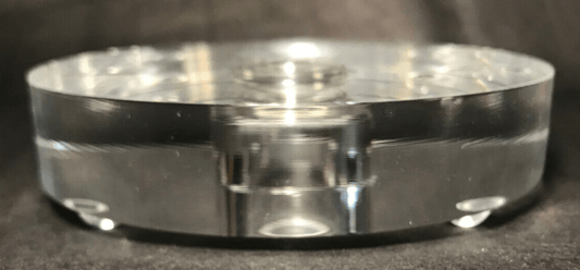 New 5" Diameter Clear Round Footed Acrylic Lamp Base w/ Center Hole, No Wire Way - Stone Door Lamps