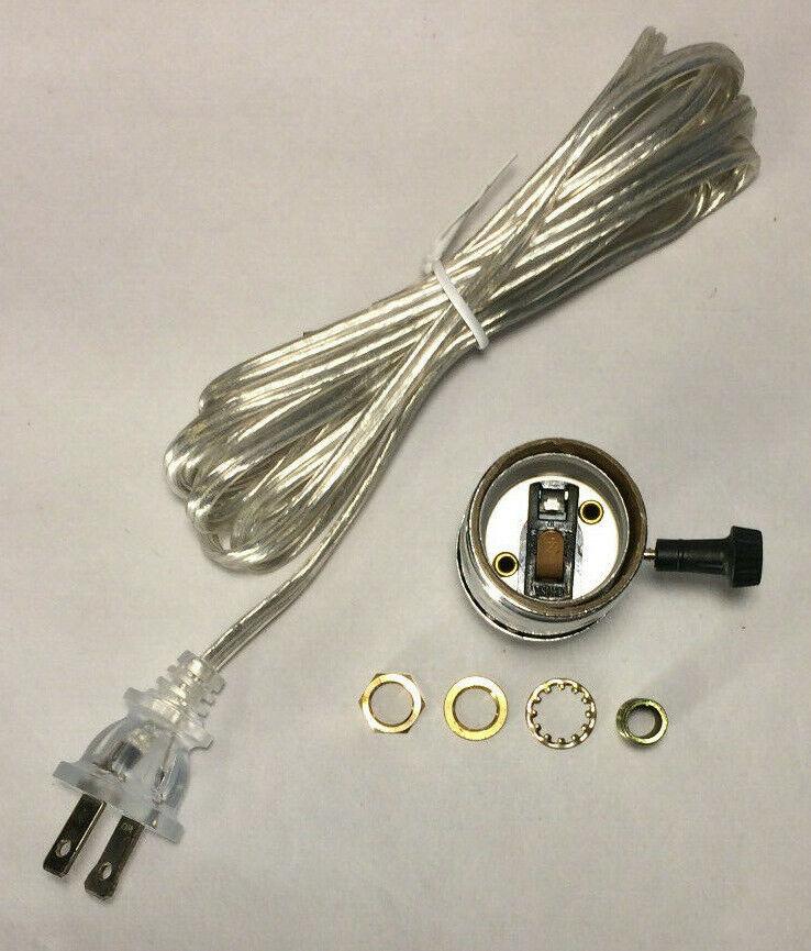 Vintage Table Lamp Rewiring Kit w/ Nickel Plated 3 - Way Socket, Clear Silver Cord - Stone Door Lamps