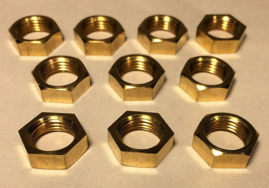 New Lot of 10, Heavy Brass Hexnut Locknut, 1/8F, Lamp Repair, 3/16" Thick #HN726 - Stone Door Lamps