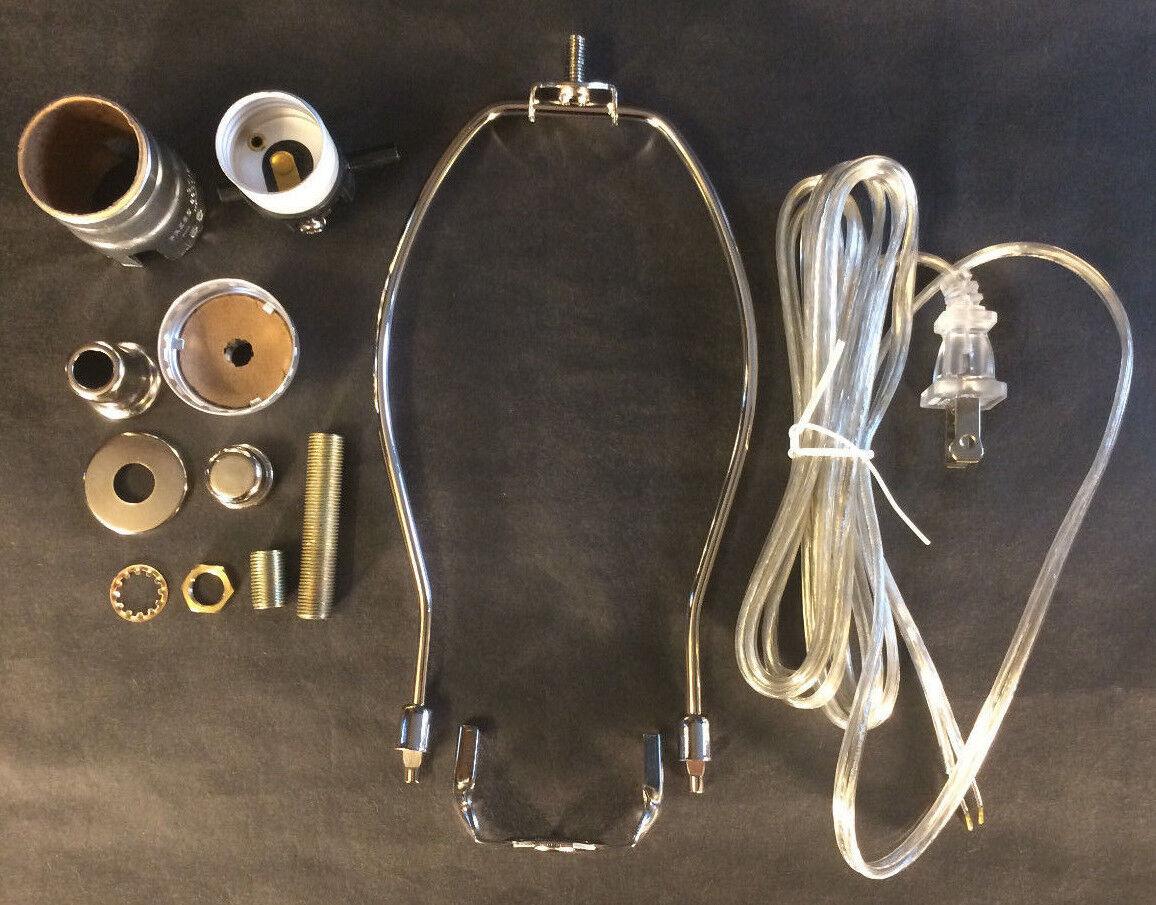 Table Lamp Wiring Kit 10" Nickel Plated Harp,Push - Thru Socket,Clear Silver Cord - Stone Door Lamps