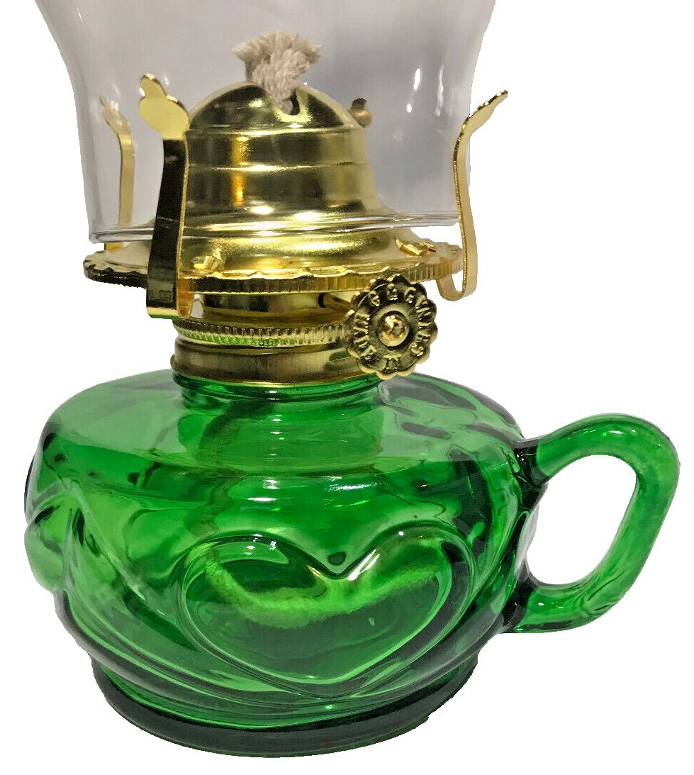 New Green Glass United Hearts Finger Oil Lamp w/ Brass Plated Burner & Chimney - Stone Door Lamps