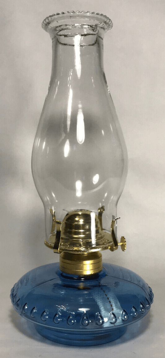 New Medium Blue Glass Oil Lamp Font With Brass Plated Burner &Beaded Top Chimney - Stone Door Lamps