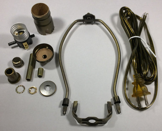 Table Lamp Wiring Kit 9" Antique Finish Harp,PushThru Socket,Antique Brass Cord