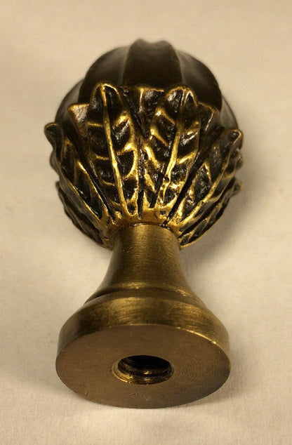 New 2 1/8" Acorn Cast Metal Lamp Harp Finial w/ Antique Brass Finish, #LF074A