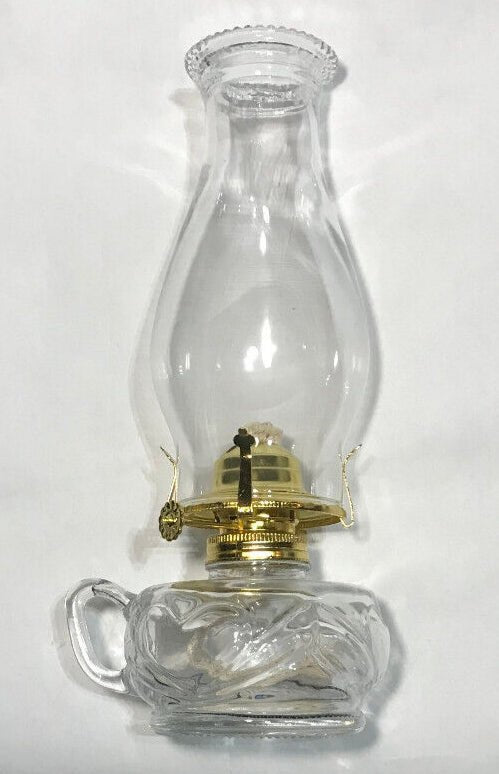 New Clear Glass United Hearts Finger Oil Lamp w/ Brass Plated Burner & Chimney - Stone Door Lamps
