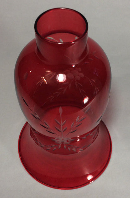 Cranberry Cut Flower Glass Hurricane Lamp Shade Candle Sconce Light, 5" x 8 1/4"