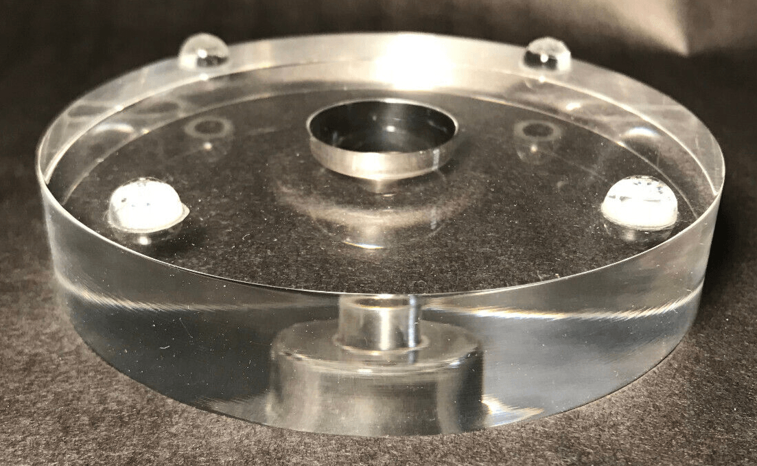 New 5" Diameter Clear Round Footed Acrylic Lamp Base w/ Center Hole, No Wire Way - Stone Door Lamps