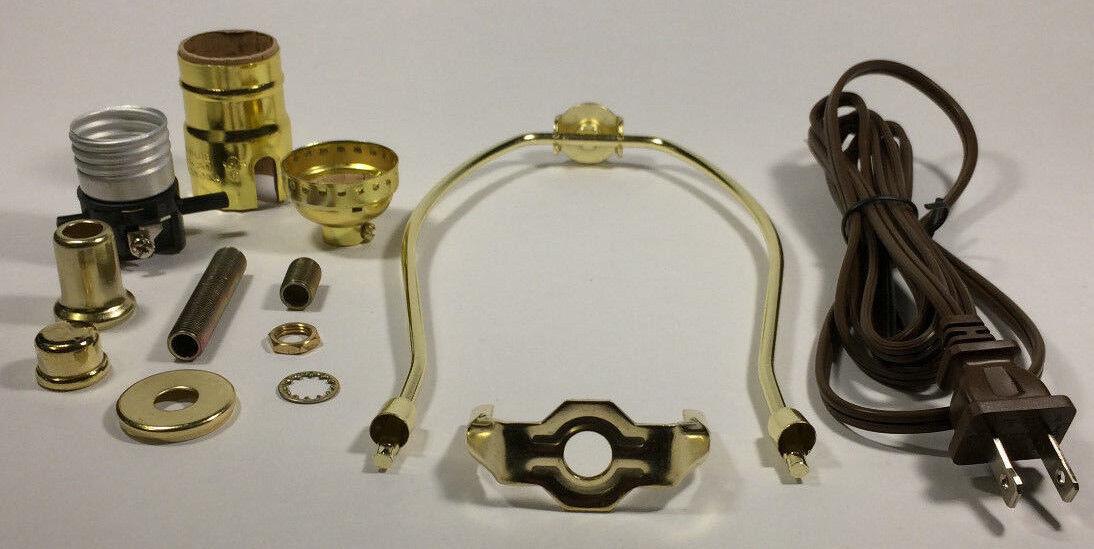 Table Lamp Wiring Kit 6" Brass Plated Harp, Push - Thru Socket, 8 ft. Brown Cord - Stone Door Lamps