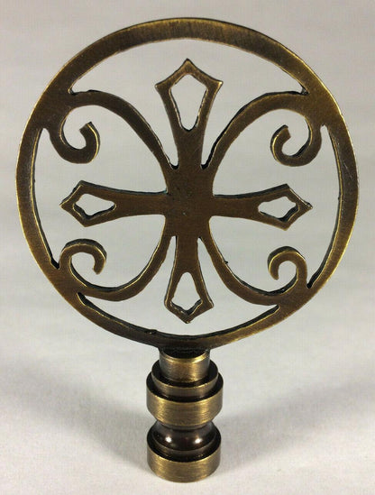New 1 15/16" Brass Cross Lamp Harp Finial, Antique Brass Finish, 1/4 - 27F, #LF343 - Stone Door Lamps