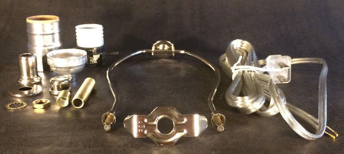 Table Lamp Wiring Kit 9" Nickel Plated Harp, Push - Thru Socket,Clear Silver Cord - Stone Door Lamps