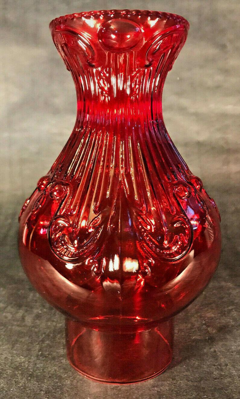 New 3" x 8 1/2" Ruby Embossed Glass Princess Feather Lamp Chimney, F/ #2 burner